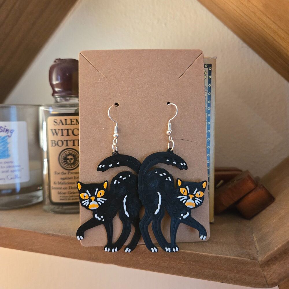 3D Printed Spooky Black Cat Halloween Dangle Earrings Vintage Style